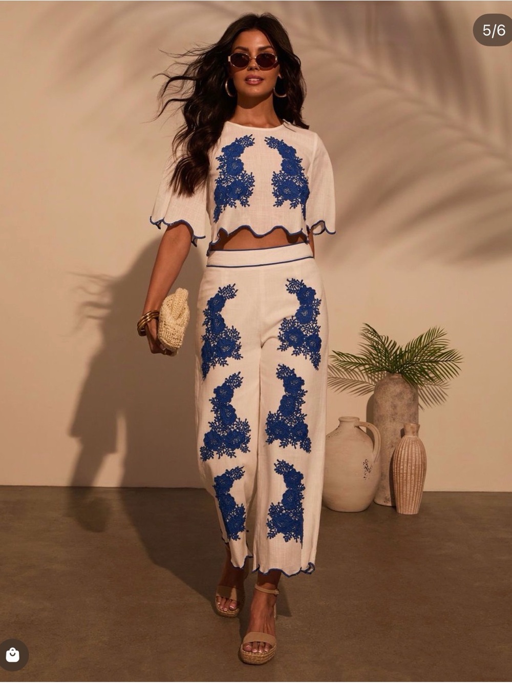 Vici White Wide-Leg Pants with Cobalt Blue Embroidered Panels